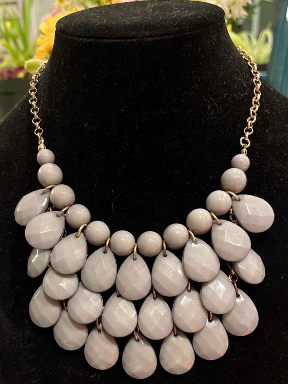 Statement Bib Necklace in Light Gray and Gold